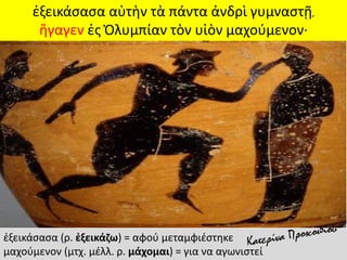 ἐξεικάσασα αὑτὴν τὰ πάντα ἀνδρὶ γυμναστῇ,
ἤγαγεν ἐς Ὀλυμπίαν τὸν υἱὸν μαχούμενον·
ἐξεικάσασα (ρ. ἐξεικάζω) = αφού μεταμφιέστηκε
μαχούμενον (μτχ. μέλλ. ρ. μάχομαι) = για να αγωνιστεί
 