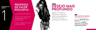 DIFERENCIAIS
DZARM
/ marca Sensual Poderosa
/ traz um novo olhar para a
sensualidade sem ser
posada, vulgar
/ forte conexão emocional
com as mulheres
1
PROPOSTA
DE VALOR
EXCLUSIVA
DESEJO MAIS
PROFUNDO
Ajudar as mulheres a
Expressarem todo seu
poder e sensualidade de
forma livre e marcar
presença por onde passa
PARA QUEM É A DZARM?
Para mulheres de espírito
jovem que gostam de marcar
presença por onde passam e
que valorizam produtos
sofisticados com excelente
relação custo-benefício.
 