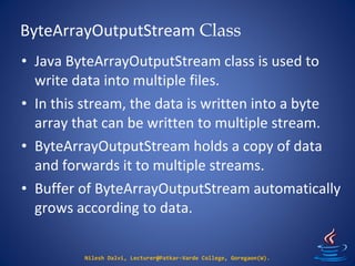ByteArrayOutputStream Class
Nilesh Dalvi, Lecturer@Patkar-Varde College, Goregaon(W).
• Java ByteArrayOutputStream class is used to
write data into multiple files.
• In this stream, the data is written into a byte
array that can be written to multiple stream.
• ByteArrayOutputStream holds a copy of data
and forwards it to multiple streams.
• Buffer of ByteArrayOutputStream automatically
grows according to data.
 