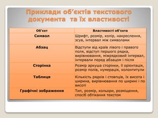 Приклади об’єктів текстового
документа та їх властивості
Об’єкт Властивості об’єкта
Символ Шрифт, розмір, колір, накреслення,
зсув, інтервал між символами
Абзац Відступи від країв лівого і правого
поля, відступ першого рядка,
вирівнювання, міжрядковий інтервал,
інтервали перед абзацом і після
Сторінка Розмір аркуша сторінки, її орієнтація,
розмір полів, нумерація, колонтитули
Таблиця Кількість рядків і стовпців, їх висота і
ширина, вирівнювання по ширині і по
висоті
Графічні зображення Тип, розмір, кольори, розміщення,
спосіб обтікання текстом
 