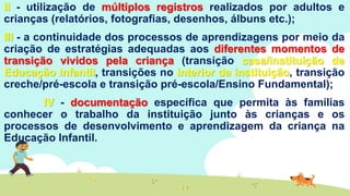 II - utilização de múltiplos registros realizados por adultos e
crianças (relatórios, fotografias, desenhos, álbuns etc.);
III - a continuidade dos processos de aprendizagens por meio da
criação de estratégias adequadas aos diferentes momentos de
transição vividos pela criança (transição casa/instituição de
Educação Infantil, transições no interior da instituição, transição
creche/pré-escola e transição pré-escola/Ensino Fundamental);
IV - documentação específica que permita às famílias
conhecer o trabalho da instituição junto às crianças e os
processos de desenvolvimento e aprendizagem da criança na
Educação Infantil.
 
