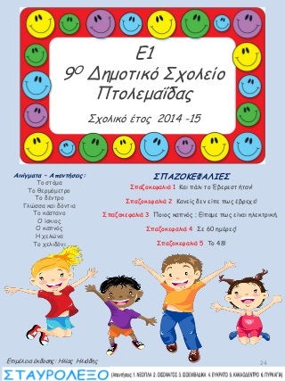 24
Αινίγματα – Απαντήσεις:
Το στόμα
Το θερμόμετρο
Το δέντρο
Γλώσσα και δόντια
Το κάστανο
Ο ίσκιος
Ο καπνός
Η χελώνα
Το χελιδόνι
ΣΠΑΖΟΚΕΦΑΛΙΕΣ
Σπαζοκεφαλιά 1 Και πάλι το Έβερεστ ήταν!
Σπαζοκεφαλιά 2 Κανείς δεν είπε πως έβρεχε!
Σπαζοκεφαλιά 3 Ποιος καπνός ; Είπαμε πως είναι ηλεκτρική.
Σπαζοκεφαλιά 4 Σε 60 ημέρες!
Σπαζοκεφαλιά 5 Το 48!
Ε1
9Ο Δημοτικό Σχολείο
Πτολεμαΐδας
Σχολικό έτος 2014 -15
Επιμέλεια έκδοσης: Ηλίας Ηλιάδης
 