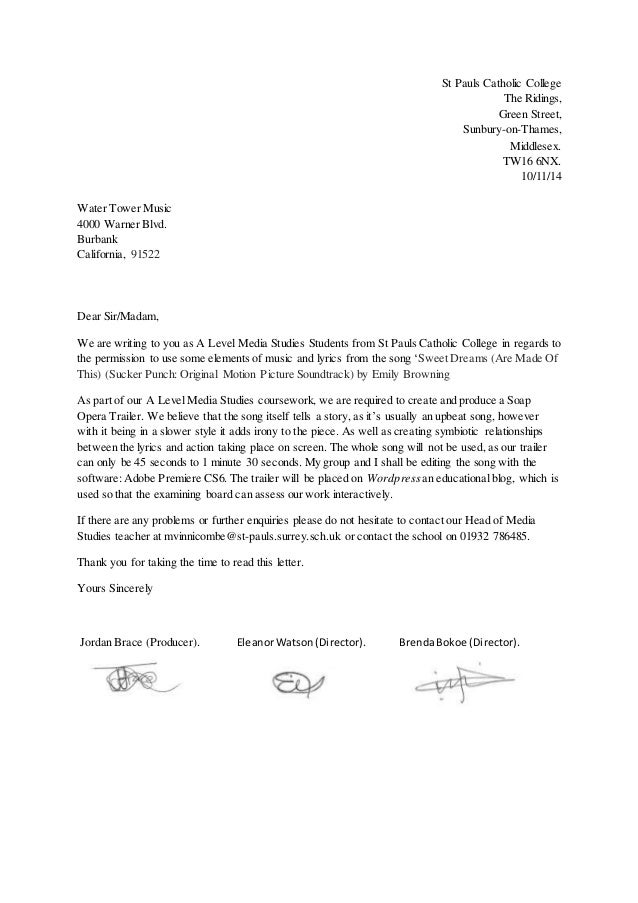 Permission Letter for Music