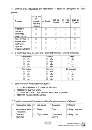 ОЖБ-2012
25
14. Сколько дней (примерно) Вы пропустили в третьей четверти? По какой
причине?
Причины
пропусков
по
данной
причине
не было
до 5 дней
от 5 до
10 дней
от 10 до
20 дней
от 20 до
30 дней
по болезни □ □ □ □ □
участие в
олимпиаде,
конкурсе и т.п.
□ □ □ □ □
лень, проспал (а) □ □ □ □ □
по заявлению
родителей
□ □ □ □ □
карантин,
погодные условия
□ □ □ □ □
15. С какими оценками Вы закончили в этом году третью учебную четверть?
Математика
□ «2»
□ «3»
□ «4»
□ «5»
Физика
□ «2»
□ «3»
□ «4»
□ «5»
Химия
□ «2»
□ «3»
□ «4»
□ «5»
География
□ «2»
□ «3»
□ «4»
□ «5»
Биология
□ «2»
□ «3»
□ «4»
□ «5»
Литература
□ «2»
□ «3»
□ «4»
□ «5»
16. После окончания 9 класса Вы планируете…
□ продолжить обучение в 10 классе своей школы
□ перевестись в другую школу
□ поступить в колледж или училище (культуры и искусства)
□ поступить так, как скажут родители
17. В профессиональной деятельности Вы себя представляете в будущем?
□ Промышленность □ Экономика □ Медицина □ Услуги
□ Информационные
технологии
□ Бизнес □ Право □ Спорт и туризм
□ Сельское
хозяйство
□ Образование □ Социальная
работа
□ Искусство
 