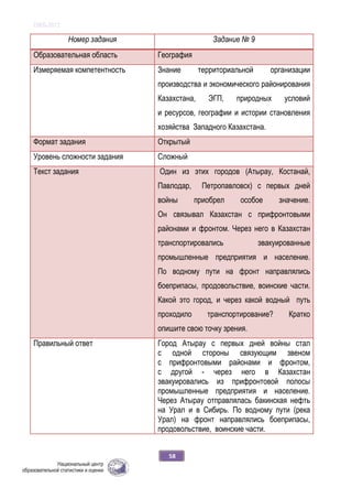 ОЖБ-2012
58
Номер задания Задание № 9
Образовательная область География
Измеряемая компетентность Знание территориальной организации
производства и экономического районирования
Казахстана, ЭГП, природных условий
и ресурсов, географии и истории становления
хозяйства Западного Казахстана.
Формат задания Открытый
Уровень сложности задания Сложный
Текст задания Один из этих городов (Атырау, Костанай,
Павлодар, Петропавловск) с первых дней
войны приобрел особое значение.
Он связывал Казахстан с прифронтовыми
районами и фронтом. Через него в Казахстан
транспортировались эвакуированные
промышленные предприятия и население.
По водному пути на фронт направлялись
боеприпасы, продовольствие, воинские части.
Какой это город, и через какой водный путь
проходило транспортирование? Кратко
опишите свою точку зрения.
Правильный ответ Город Атырау с первых дней войны стал
с одной стороны связующим звеном
с прифронтовыми районами и фронтом,
с другой - через него в Казахстан
эвакуировались из прифронтовой полосы
промышленные предприятия и население.
Через Атырау отправлялась бакинская нефть
на Урал и в Сибирь. По водному пути (река
Урал) на фронт направлялись боеприпасы,
продовольствие, воинские части.
 