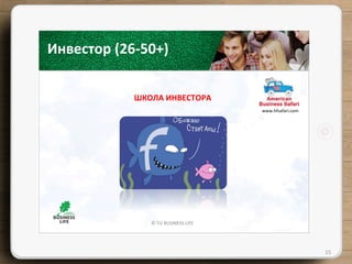 ©	
  TU	
  BUSINESS	
  LIFE	
  
15	
  
Инвестор	
  (26-­‐50+)	
  	
  
www.hfsafari.com	
  
ШКОЛА	
  ИНВЕСТОРА	
  
 