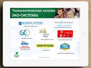 ©	
  TU	
  BUSINESS	
  LIFE	
  
7	
  
Технологическая	
  основа	
  	
  
ЭКО-­‐СИСТЕМЫ	
  
www.happyfarm.com.ua	
  
www.businessystem.com	
  
www.utgem.co	
  
www.proﬁlesinterna{onal.com.ua	
  
www.gmcua.com/ru	
  
www.hfsafari.com	
  
www.2013.startupaddventure.co	
  
www.ukrinnova{on.com	
  
 