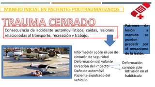 MANEJO INICIAL EN PACIENTES POLITRAUMATIZADOS
Consecuencia de accidente automovilísticos, caídas, lesiones
relacionadas al transporte, recreación y trabajo.
Información sobre el uso de
cinturón de seguridad
Deformación del volante
Dirección del impacto
Daño de automóvil
Paciente expulsado del
vehículo
Deformación
considerable
Intrusión en el
habitáculo
Patrones de
lesión a
menudo se
pueden
predecir por
el mecanismo
de la lesión.
 