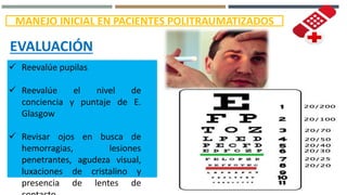 MANEJO INICIAL EN PACIENTES POLITRAUMATIZADOS
 Reevalúe pupilas
 Reevalúe el nivel de
conciencia y puntaje de E.
Glasgow
 Revisar ojos en busca de
hemorragias, lesiones
penetrantes, agudeza visual,
luxaciones de cristalino y
presencia de lentes de
EVALUACIÓN
 