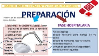 MANEJO INICIAL EN PACIENTES POLITRAUMATIZADOS
Se realiza en dos escenarios
clínicos distintos
1. Sistema hospitalario debe estar
organizado de forma que se notifique
al hospital del traslado del paciente.
-Ajustes,personal,recursos necesarios
estén presentes.
2. MANTENIMIENTO DE LA VÍA AÉREA
CONTROL DE HEMORRAGIAS EXTERNAS
Y SHOCK
INMOVILIZACIÓN ADECUADA DEL
PACIENTE.
Área específica
Equipo necesario para manejo de vía
aérea.
Equipo de monitoreo listo y accesible.
Personal de rayos X
Convenios con centros especializados.
Medidas de bioseguridad.
 