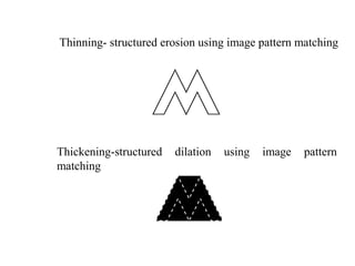Thinning- structured erosion using image pattern matching
Thickening-structured dilation using image pattern
matching
 