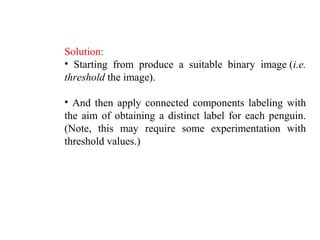 Solution:
• Starting from produce a suitable binary image (i.e.
threshold the image).
• And then apply connected components labeling with
the aim of obtaining a distinct label for each penguin.
(Note, this may require some experimentation with
threshold values.)
 