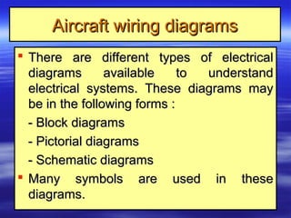 Aircraft wiring diagramsAircraft wiring diagrams
 There are different types of electricalThere are different types of electrical
diagrams available to understanddiagrams available to understand
electrical systems. These diagrams mayelectrical systems. These diagrams may
be in the following forms :be in the following forms :
- Block diagrams- Block diagrams
- Pictorial diagrams- Pictorial diagrams
- Schematic diagrams- Schematic diagrams
 Many symbols are used in theseMany symbols are used in these
diagrams.diagrams.
 