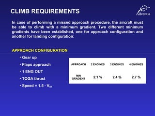 CLIMB REQUIREMENTS
In case of performing a missed approach procedure, the aircraft must
be able to climb with a minimum gradient. Two different minimum
gradients have been established, one for approach configuration and
another for landing configuration:
APPROACH CONFIGURATION
• Gear up
• Flaps approach
• 1 ENG OUT
• TOGA thrust
• Speed = 1.5 · VS1
APPROACH 2 ENGINES 3 ENGINES 4 ENGINES
MIN
GRADIENT 2.1 % 2.4 % 2.7 %
 