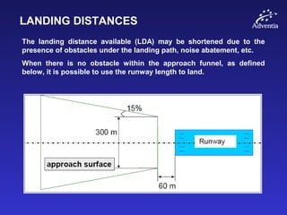 LANDING DISTANCES
The landing distance available (LDA) may be shortened due to the
presence of obstacles under the landing path, noise abatement, etc.
When there is no obstacle within the approach funnel, as defined
below, it is possible to use the runway length to land.
 