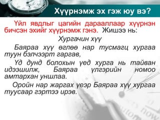 Company name
Хүүрнэмж эх гэж юу вэ?
Үйл явдлыг цагийн дарааллаар хүүрнэн
бичсэн эхийг хүүрнэмж гэнэ. Жишээ нь:
Хургачин хүү
Баяраа хүү өглөө нар тусмагц хургаа
туун бэлчээрт гаргав,
Үд дунд болохын үед хурга нь тайван
идээшилж, Баяраа үлгэрийн номоо
амтархан уншлаа.
Оройн нар жаргах үеэр Баяраа хүү хургаа
туусаар гэртээ ирэв.
 