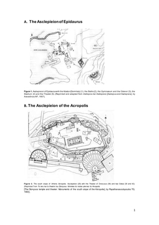 1
A. The Asclepieionof Epidaurus
Figure 1. Asclepieion of Epidauruswith the Abaton(Dormitory) (1), the Baths (2), the Gymnasium and the Odeion (3), the
Stadium (4) and the Theater (5). (Reprinted and adapted from Asklepios kai Asklepieia [Asclepius and Asclepieia], by
Aravadinos AP, 1907).
B. The Asclepieion of the Acropolis
Figure 3. The south slope of Athens Akropolis: Asclepieion (29) with the Theater of Diony sus (38) and two Odeia (35 and 43).
(Reprinted f rom To iero kai to theatro tou Dionysou: Mnimeia tis notias plevras tis Akropolis
[The Dionysos temple and theater: Monuments of the south slope of the Akropolis], by Papathanasoulopoulos TG,
1993).
 