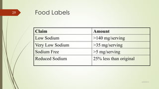 Food Labels
Claim Amount
Low Sodium >140 mg/serving
Very Low Sodium >35 mg/serving
Sodium Free >5 mg/serving
Reduced Sodium 25% less than original
6/24/2014
29
 