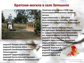 Памятник установлен в 1958 году.
Наименование памятника: Братская
могила
Адрес памятника: с. Затишное
Дата захоронения: сентябрь 1943 года.
Количество похороненных: 4 офицера,14
солдат:
лейтенант Бракин Михаил Ильич
мл. лейтенант Погребной Аким Семенович
ст. сержант Пашков Карп Пантелеевич
мл. сержант Костин Гигант Васильевич
рядовой Агмурадов Давданба
рядовой Гирич Емильян Федорович
рядовой Киреев Савелий Михайлович
рядовой Лапшин Алексей Аврамович
рядовой Оразалиев Аббас
рядовой Самойленко Владимир
Александрович
рядовой Турдукеев Джихдан
рядовой Чистов Алексей Павлович
рядовой Чиха Сергей Лукич
рядовой Карпов Я.А.
рядовой Затруган А.И.
рядовой Курчин К.И.
рядовой Матич Н.В.
Имя одного погибшего не установлено. Книга посвященная 70-летию Великой
Отечественной Войне
 