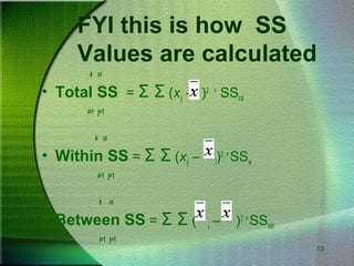 13
FYI this is how SS
Values are calculated
k ni
• Total SS = Σ Σ (xij
– )2 =
SStot
i=1 j=1
k ni
• Within SS = Σ Σ (xij
– i
)2 =
SSw
i=1 j=1
k ni
• Between SS = Σ Σ ( i
– )2 =
SSbet
i=1 j=1
 
