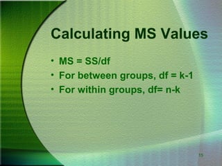 15
Calculating MS Values
• MS = SS/df
• For between groups, df = k-1
• For within groups, df= n-k
 