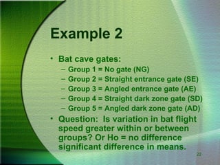 22
Example 2
• Bat cave gates:
– Group 1 = No gate (NG)
– Group 2 = Straight entrance gate (SE)
– Group 3 = Angled entrance gate (AE)
– Group 4 = Straight dark zone gate (SD)
– Group 5 = Angled dark zone gate (AD)
• Question: Is variation in bat flight
speed greater within or between
groups? Or Ho = no difference
significant difference in means.
 