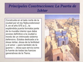 Principales Construcciones: La Puerta de
Ishtar
Construida en el lado norte de la
ciudad por el rey Nabucodonosor
II, en el año 575 a.C., la
espléndida puerta formaba parte
de la muralla interior que daba
acceso definitivo a la ciudad a
través de un intrincado sistema
defensivo. Estaba dedicada a la
diosa Ishtar, diosa de la fertilidad
y el amor —pero también de la
guerra—, diosa que servía como
la fuente de todas las fuerzas
generativas de la Tierra.
 