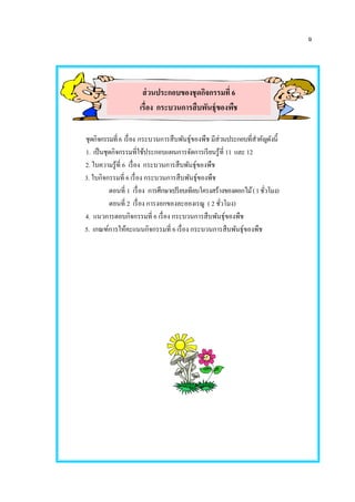 ฉ
ชุดกิจกรรมที่6 เรื่อง กระบวนการสืบพันธุ์ของพืช มีส่วนประกอบที่สาคัญดังนี้
1. เป็นชุดกิจกรรมที่ใช้ประกอบแผนการจัดการเรียนรู้ที่ 11 และ 12
2. ใบความรู้ที่ 6 เรื่อง กระบวนการสืบพันธุ์ของพืช
3. ใบกิจกรรมที่ 6 เรื่อง กระบวนการสืบพันธุ์ของพืช
ตอนที่ 1 เรื่อง การศึกษาเปรียบเทียบโครงสร้างของดอกไม้(1ชั่วโมง)
ตอนที่ 2 เรื่อง การงอกของละอองเรณู ( 2 ชั่วโมง)
4. แนวการตอบกิจกรรมที่ 6 เรื่อง กระบวนการสืบพันธุ์ของพืช
5. เกณฑ์การให้คะแนนกิจกรรมที่ 6 เรื่อง กระบวนการสืบพันธุ์ของพืช
ส่วนประกอบของชุดกิจกรรมที่ 6
เรื่อง กระบวนการสืบพันธุ์ของพืช
 