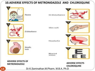 15
ADVERSE EFFECTS OF
METRONIDAZOLE ADVERSE EFFECTS
CHLOROQUINE
10.ADVERSE EFFECTS OF METRONIDAZOLE AND CHLOROQUINE
15 Dr.K.Saminathan.M.Pharm, M.B.A, Ph.D
 