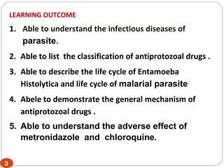 3
LEARNING OUTCOME
1. Able to understand the infectious diseases of
parasite.
2. Able to list the classification of antiprotozoal drugs .
3. Able to describe the life cycle of Entamoeba
Histolytica and life cycle of malarial parasite
4. Abele to demonstrate the general mechanism of
antiprotozoal drugs .
5. Able to understand the adverse effect of
metronidazole and chloroquine.
 