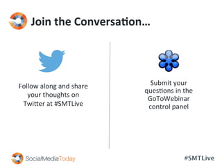 #SMTLive
	
  	
  	
  Join	
  the	
  Conversa:on…	
  
Follow	
  along	
  and	
  share	
  
your	
  thoughts	
  on	
  
Twi3er	
  at	
  #SMTLive	
  
	
  
Submit	
  your	
  
ques<ons	
  in	
  the	
  
GoToWebinar	
  
control	
  panel	
  
	
  
 