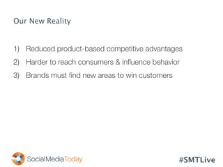 #SMTLive
Our New Reality
1)  Reduced product-based competitive advantages
2)  Harder to reach consumers & inﬂuence behavior
3)  Brands must ﬁnd new areas to win customers
 