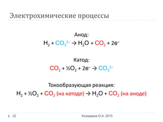 Электрохимические процессы
Анод:
H2 + CO3
2– → H2O + CO2 + 2e–
Катод:
CO2 + ½O2 + 2e– → CO3
2–
Токообразующая реакция:
H2 + ½O2 + CO2 (на катоде) → H2O + CO2 (на аноде)
Козадеров О.А. 201522
 