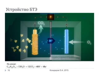 Устройство БТЭ
Козадеров О.А. 201516
На аноде:
C12H22O11 + 13H2O → 12CO2 + 48H+ + 48e–
 