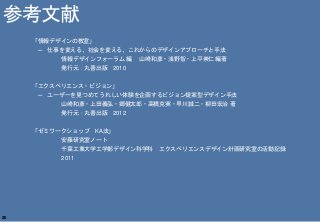 2525
「情報デザインの教室」
─ 仕事を変える、社会を変える、これからのデザインアプローチと手法
情報デザインフォーラム 編 山崎和彦・浅野智・上平崇仁 編著
発行元：丸善出版 2010
「エクスペリエンス・ビジョン」
─ ユーザーを見つめてうれしい体験を企画するビジョン提案型デザイン手法
山崎和彦・上田義弘・郷健太郎・高橋克実・早川誠二・柳田宏治 著
発行元：丸善出版 2012
「ゼミワークショップ KA法」
安藤研究室ノート
千葉工業大学工学部デザイン科学科 エクスペリエンスデザイン計画研究室の活動記録
2011
参考文献
 