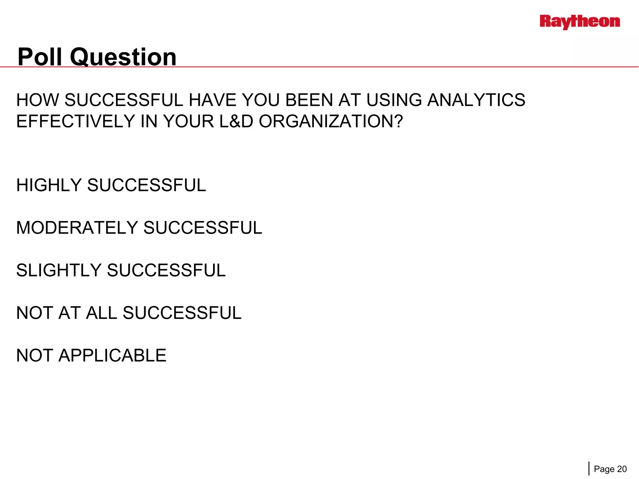 Page 20
HOW SUCCESSFUL HAVE YOU BEEN AT USING ANALYTICS
EFFECTIVELY IN YOUR L&D ORGANIZATION?
HIGHLY SUCCESSFUL
MODERATELY SUCCESSFUL
SLIGHTLY SUCCESSFUL
NOT AT ALL SUCCESSFUL
NOT APPLICABLE
Poll Question
 