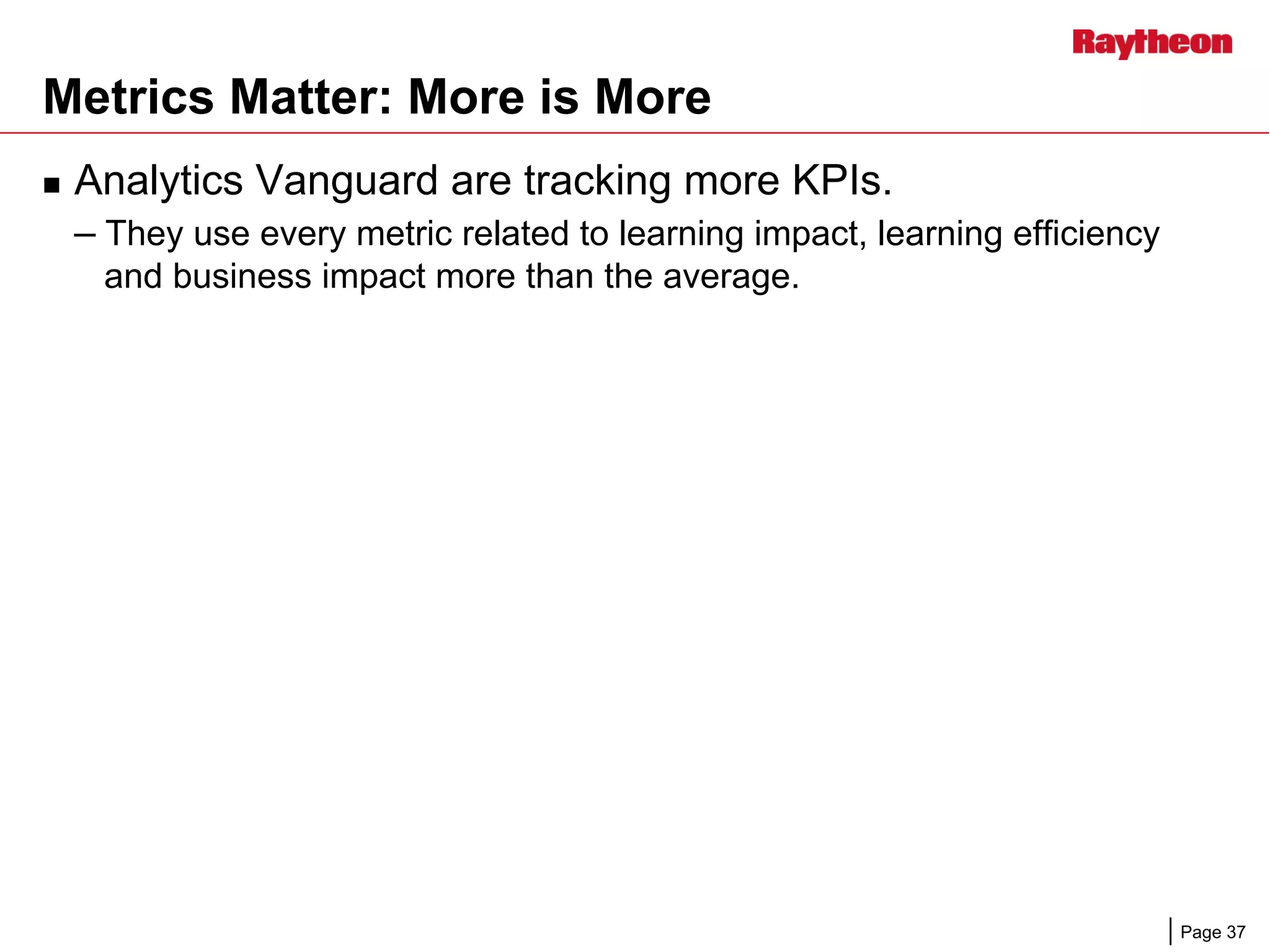 Page 37
Metrics Matter: More is More
n  Analytics Vanguard are tracking more KPIs.
– They use every metric related to learning impact, learning efficiency
and business impact more than the average.
 