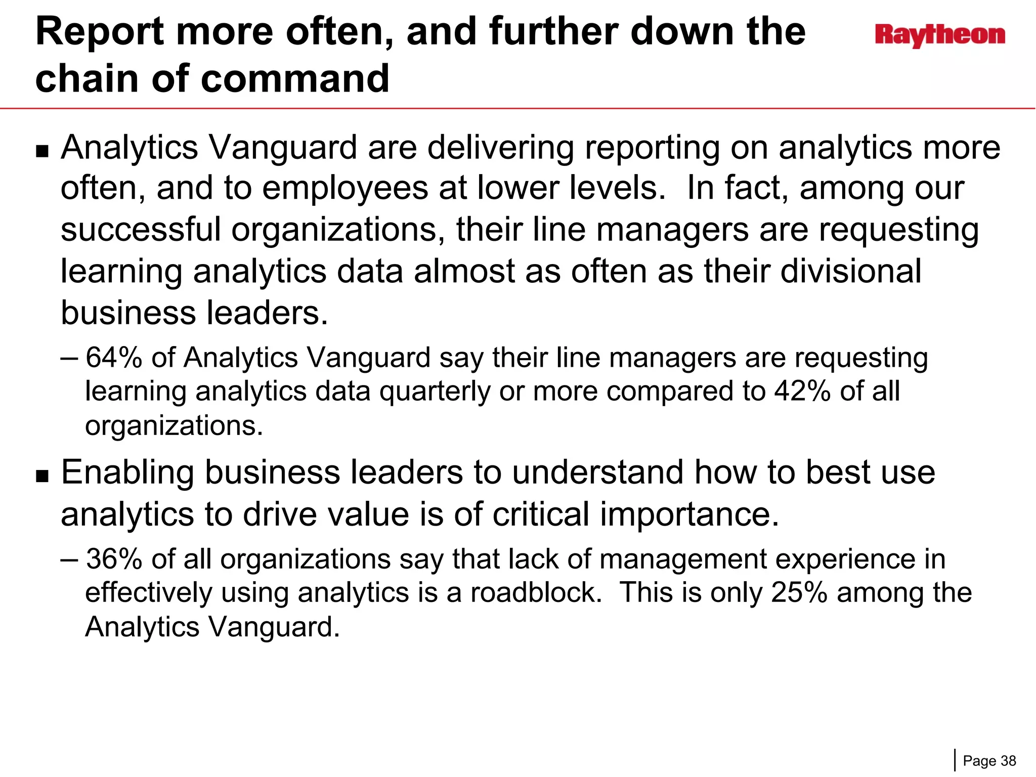 Page 38
Report more often, and further down the
chain of command
n  Analytics Vanguard are delivering reporting on analytics more
often, and to employees at lower levels. In fact, among our
successful organizations, their line managers are requesting
learning analytics data almost as often as their divisional
business leaders.
– 64% of Analytics Vanguard say their line managers are requesting
learning analytics data quarterly or more compared to 42% of all
organizations.
n  Enabling business leaders to understand how to best use
analytics to drive value is of critical importance.
– 36% of all organizations say that lack of management experience in
effectively using analytics is a roadblock. This is only 25% among the
Analytics Vanguard.
 