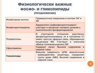 ФИЗИОЛОГИЧЕСКИ ВАЖНЫЕ
ФОСФО- И ГЛИКОЛИПИДЫ
(ПРОДОЛЖЕНИЕ)
Фосфатидная кислота
Промежуточное соединение в синтезе ТАГ и
ФЛ
Фосфатидилглицеролы
Кардиолипин (дифосфатидилглицерол)
участвует в процессах тканевого дыхания и
окислительного фосфорилирования
Плазмалогены
В структурном отношении родственны
фосфатидилэтаноламину, но в положении С1
имеют простую эфирную связь, образованную
альдегидом ЖК. Участвуют в клеточном
обмене полиненасыщенных ЖК
Сфингомиелин
Содержит холин. Высокое содержание в
нервной ткани
Гликолипиды
Внешняя поверхность ЦПМ, межклеточные
взаимодействия, рецепторы, определяют
группу крови (АВ0). Высокое содержание в
нервной ткани
16
 