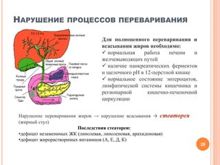 НАРУШЕНИЕ ПРОЦЕССОВ ПЕРЕВАРИВАНИЯ
28
Для полноценного переваривания и
всасывания жиров необходимо:
 нормальная работа печени и
желчевыводящих путей
 наличие панкреатических ферментов
и щелочного рН в 12-перстной кишке
 нормальное состояние энтероцитов,
лимфатической системы кишечника и
регионарной кишечно-печеночной
циркуляции
Нарушение переваривания жиров → нарушение всасывания → стеаторея
(жирный стул)
Последствия стеатореи:
•дефицит незаменимых ЖК (линолевая, линоленовая, арахидоновая)
•дефицит жирорастворимых витаминов (А, Е, Д, К)
 