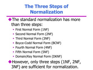 The Three Steps of
Normalization
The standard normalization has more
than three steps:
 First Normal Form (1NF)
 Second Normal Form (2NF)
 Third Normal Form (3NF)
 Boyce-Codd Normal Form (BCNF)
 Fourth Normal Form (4NF)
 Fifth Normal Form (5NF)
 Domain/Key Normal Form (DKNF)
However, only three steps (1NF, 2NF,
3NF) are sufficient for normalization.
 