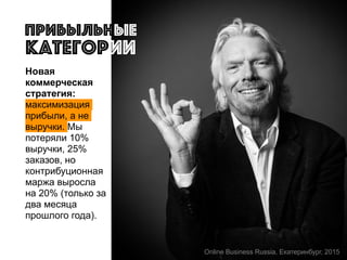 Прибыльные
категории
Новая
коммерческая
стратегия:
максимизация
прибыли, а не
выручки. Мы
потеряли 10%
выручки, 25%
заказов, но
контрибуционная
маржа выросла
на 20% (только за
два месяца
прошлого года).
Online Business Russia, Екатеринбург, 2015
 