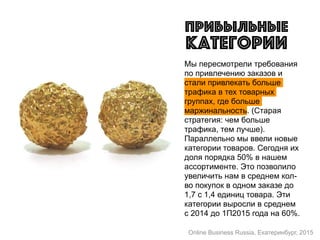 Мы пересмотрели требования
по привлечению заказов и
стали привлекать больше
трафика в тех товарных
группах, где больше
маржинальность. (Старая
стратегия: чем больше
трафика, тем лучше).
Параллельно мы ввели новые
категории товаров. Сегодня их
доля порядка 50% в нашем
ассортименте. Это позволило
увеличить нам в среднем кол-
во покупок в одном заказе до
1,7 с 1,4 единиц товара. Эти
категории выросли в среднем
с 2014 до 1П2015 года на 60%.
Прибыльные
категории
Online Business Russia, Екатеринбург, 2015
 
