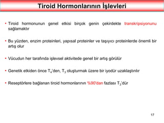17
Tiroid Hormonlarının İşlevleri
• Tiroid hormonunun genel etkisi birçok genin çekirdekte transkripsiyonunu
sağlamaktır
• Bu yüzden, enzim proteinleri, yapısal proteinler ve taşıyıcı proteinlerde önemli bir
artış olur
• Vücudun her tarafında işlevsel aktivitede genel bir artış görülür
• Genetik etkiden önce T4’den, T3 oluşturmak üzere bir iyodür uzaklaştırılır
• Reseptörlere bağlanan tiroid hormonlarının %90'dan fazlası T3’dür
 