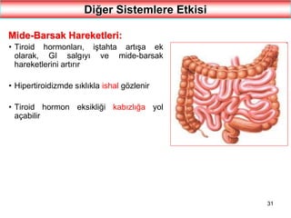 31
Diğer Sistemlere Etkisi
Mide-Barsak Hareketleri:
• Tiroid hormonları, iştahta artışa ek
olarak, GI salgıyı ve mide-barsak
hareketlerini artırır
• Hipertiroidizmde sıklıkla ishal gözlenir
• Tiroid hormon eksikliği kabızlığa yol
açabilir
 