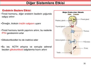 35
Diğer Sistemlere Etkisi
Endokrin Bezlere Etkisi:
•Tiroid hormonu, diğer endokrin bezlerin çoğunda
salgıyı artırır
•Örneğin, tiroksin insülin salgısını uyarır
•Tiroid hormonu kemik yapımını artırır, bu nedenle
PTH gereksinimi artar
•Glikokortikoidleri kc de inaktive eder
•Bu ise, ACTH artışına ve sonuçta adrenal
bezden glikokortikoid salgılanma hızını artırır
 