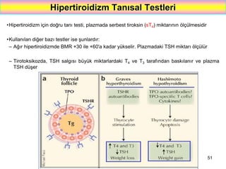 51
Hipertiroidizm Tanısal Testleri
•Hipertiroidizm için doğru tanı testi, plazmada serbest tiroksin (sT4) miktarının ölçülmesidir
•Kullanılan diğer bazı testler ise şunlardır:
– Ağır hipertiroidizmde BMR +30 ile +60'a kadar yükselir. Plazmadaki TSH miktarı ölçülür
– Tirotoksikozda, TSH salgısı büyük miktarlardaki T4 ve T3 tarafından baskılanır ve plazma
TSH düşer
 