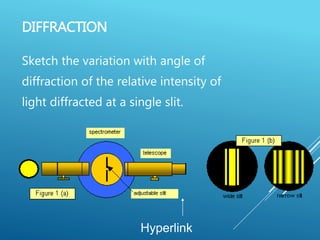 DIFFRACTION
Sketch the variation with angle of
diffraction of the relative intensity of
light diffracted at a single slit.
Hyperlink
 