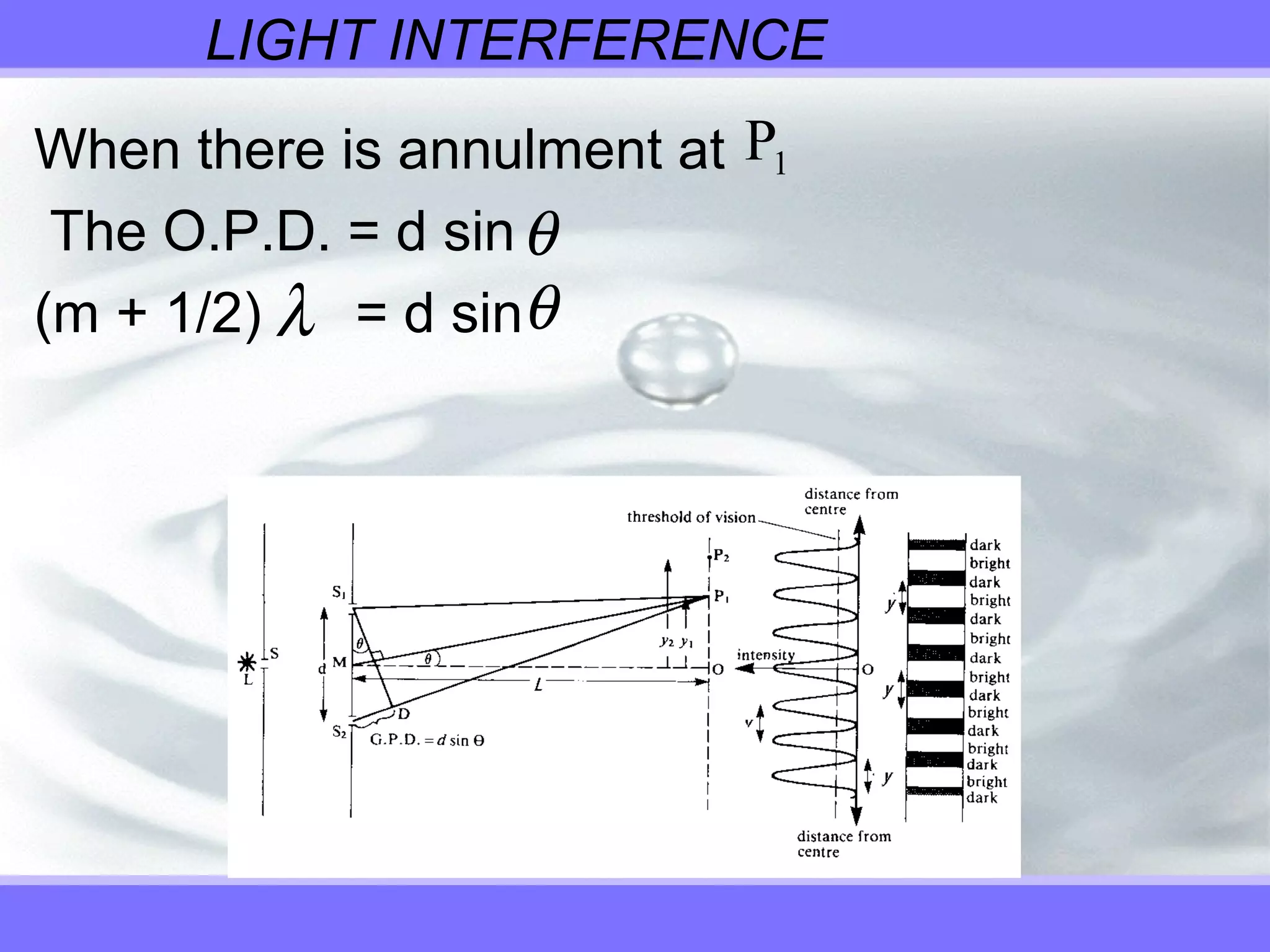 LIGHT INTERFERENCE
When there is annulment at
The O.P.D. = d sin
(m + 1/2) = d sin
P1
θ
λ θ
 