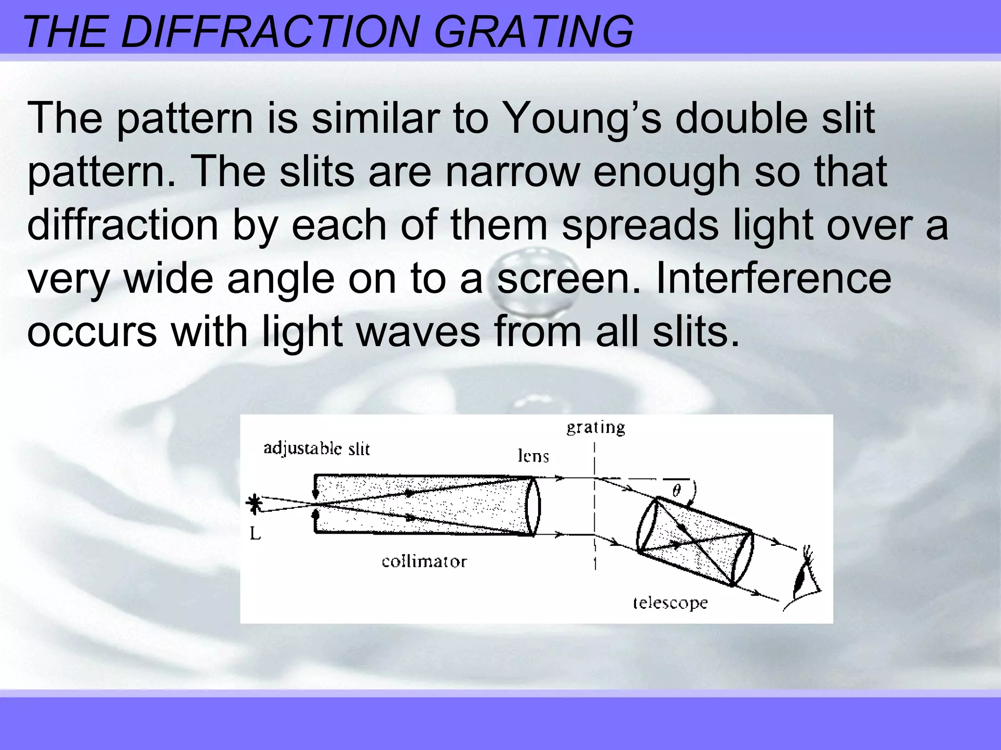 THE DIFFRACTION GRATING
The pattern is similar to Young’s double slit
pattern. The slits are narrow enough so that
diffraction by each of them spreads light over a
very wide angle on to a screen. Interference
occurs with light waves from all slits.
 